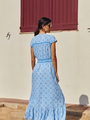 Blue Tile Print - Платье макси с короткими рукавами и завязкой спереди - Image 2 of 6