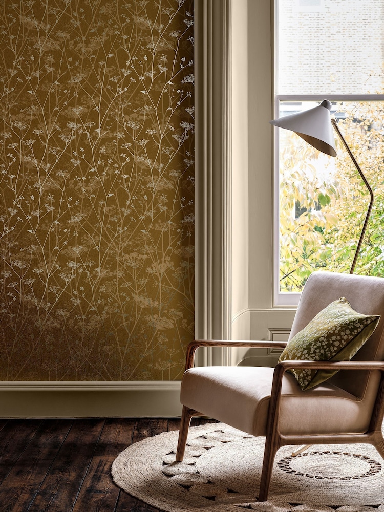 Clarissa Hulse Mustard Pewter Wild Chervil 10M Wallpaper - Image 1 of 3 Clarissa Hulse Mustard Pewter Wild Chervil 10M Wallpaper - Image 1 of 3