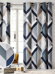 Navy Blue Overscale Marble Effect Geometric Blackout Eyelet Curtains - Image 1 of 6