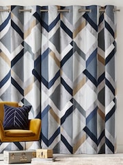 Navy Blue Overscale Marble Effect Geometric Blackout Eyelet Curtains - Image 3 of 6