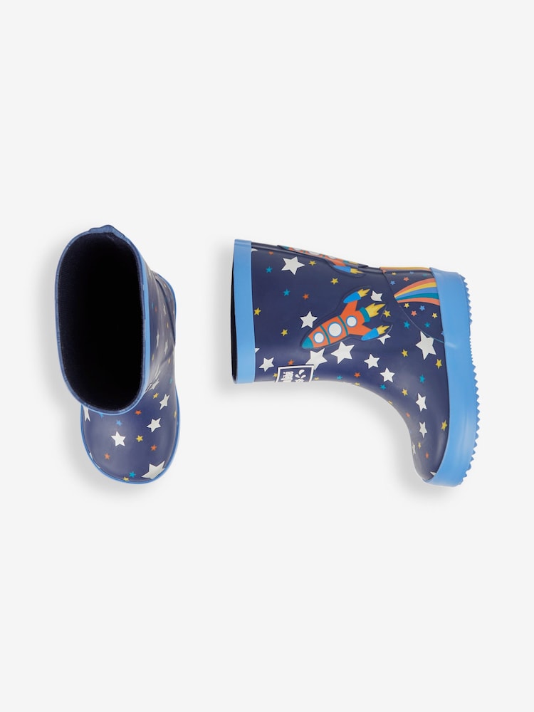 JoJo Maman Bébé Navy Blue Rocket Printed Lined Wellies - Image 3 of 5
