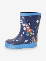 JoJo Maman Bébé Navy Blue Rocket Printed Lined Wellies - Image 4 of 5