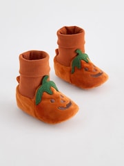 Orange Pumpkin Standard Fit (F) Orange Pumpkin Halloween Sock Top Baby Booties (0-2mths) - Image 1 of 4