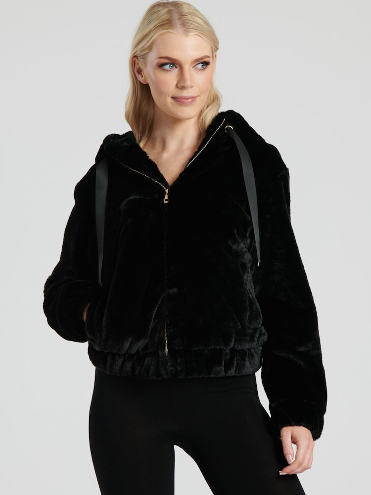South Beach Black Faux Fur Hooded Jacket - Image 1 of 5
