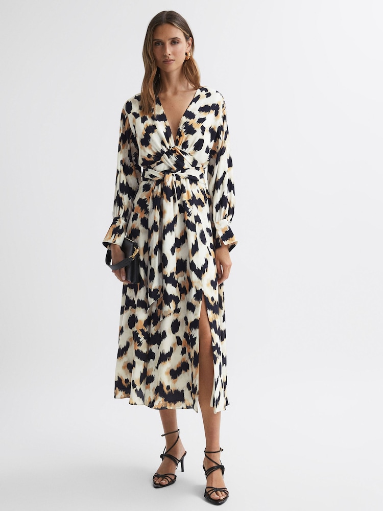 Reiss Black/White Marie Animal Print Midi Dress - Image 3 of 4
