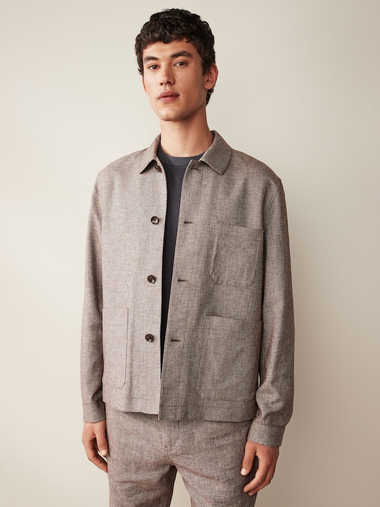 Brown Textured Linen Blend Chore Jacket - Image 1 of 10