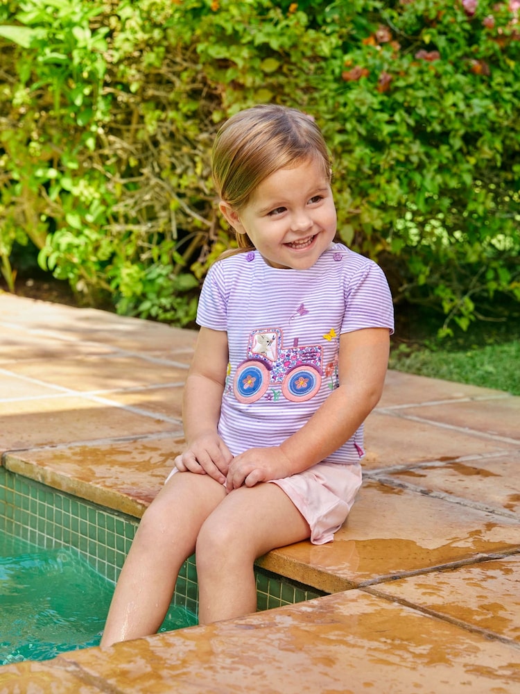 JoJo Maman Bébé Lilac Stripe Tractor Appliqué T-Shirt - Image 1 of 5