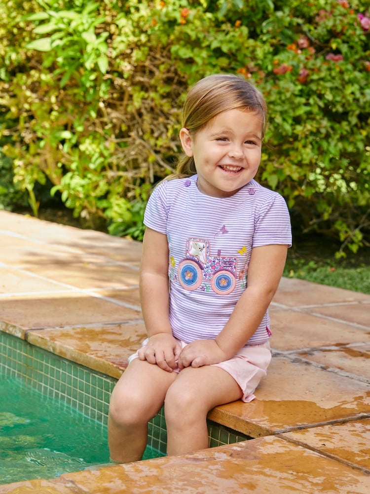 JoJo Maman Bébé Lilac Stripe Tractor Appliqué T-Shirt - Image 2 of 5