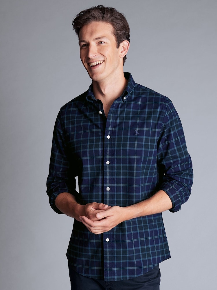 Charles Tyrwhitt Blue Check Cf Button-Down Brushed Washed Oxford 100% Cotton Shirt - Image 1 of 6 Charles Tyrwhitt Blue Check Cf Button-Down Brushed Washed Oxford 100% Cotton Shirt - Image 1 of 6