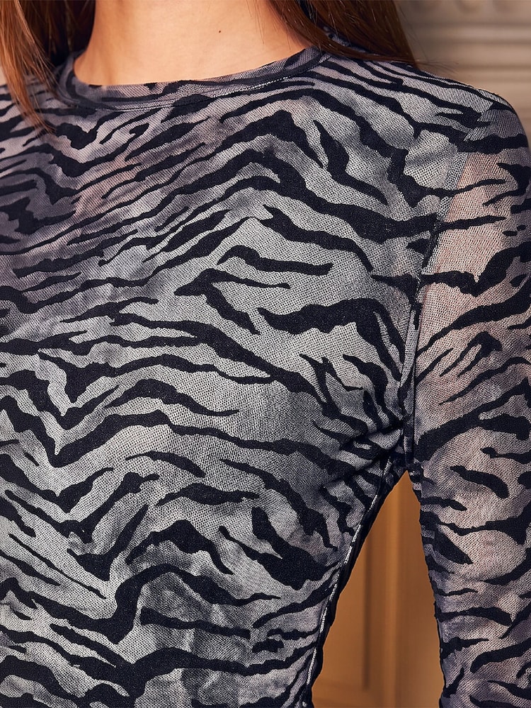 Roman Black Animal Print Mesh Top - Image 4 of 4 Roman Black Animal Print Mesh Top - Image 4 of 4