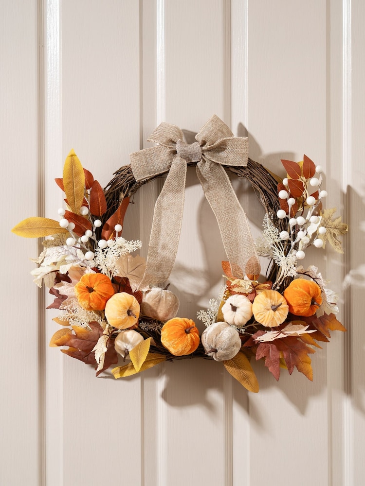 Scottish Everlastings Ltd Orange Neutral Velvet Pumpkins Half Wreath with Bow - Image 1 of 3 Scottish Everlastings Ltd Orange Neutral Velvet Pumpkins Half Wreath with Bow - Image 1 of 3