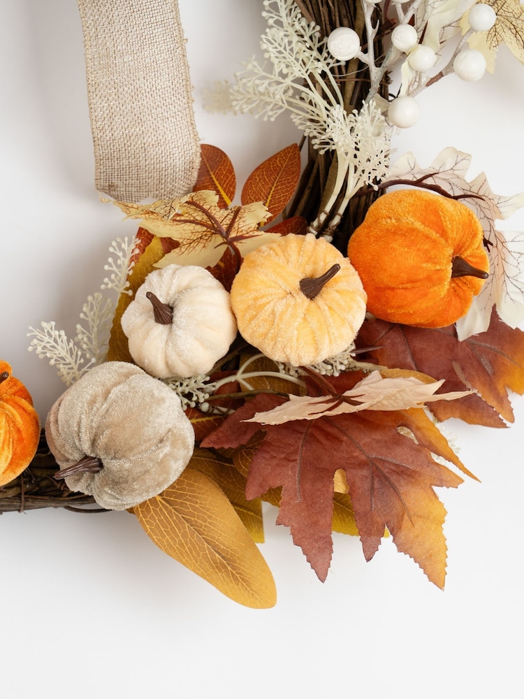 Scottish Everlastings Ltd Orange Neutral Velvet Pumpkins Half Wreath with Bow - Image 3 of 3 Scottish Everlastings Ltd Orange Neutral Velvet Pumpkins Half Wreath with Bow - Image 3 of 3