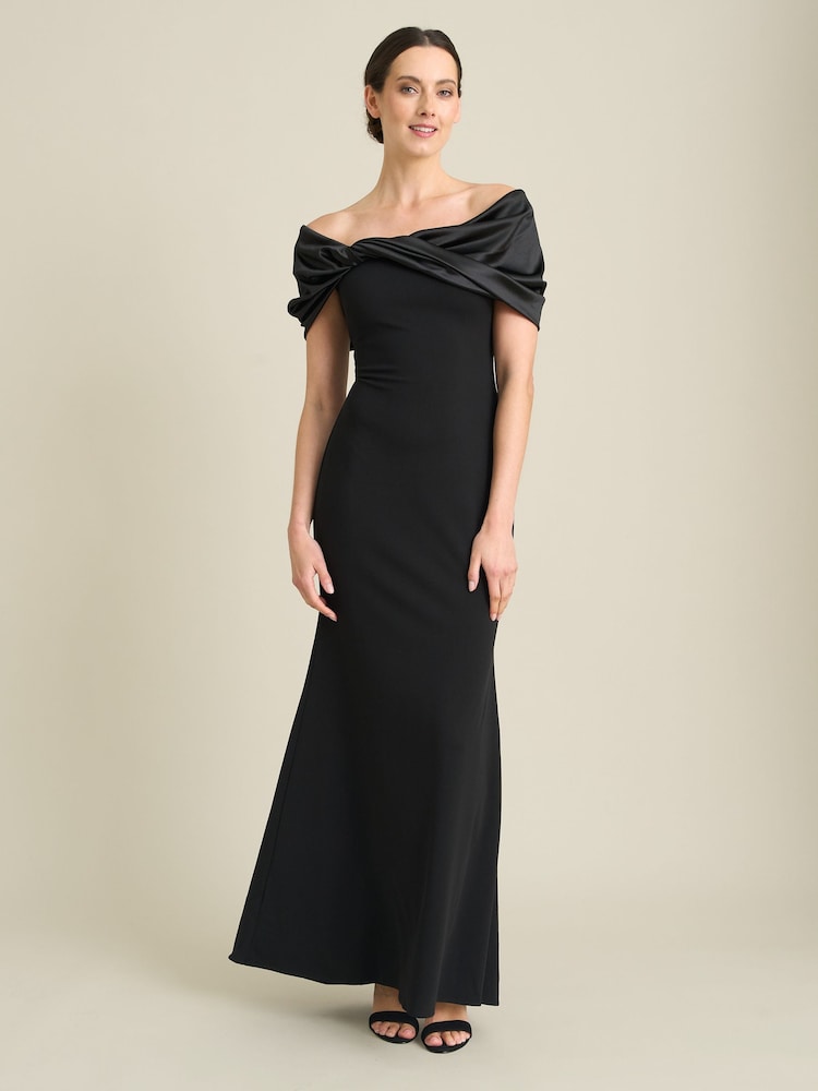 Gina Bacconi Black Robin Off Shoulder Draped Maxi Dress - Image 1 of 7 Gina Bacconi Black Robin Off Shoulder Draped Maxi Dress - Image 1 of 7