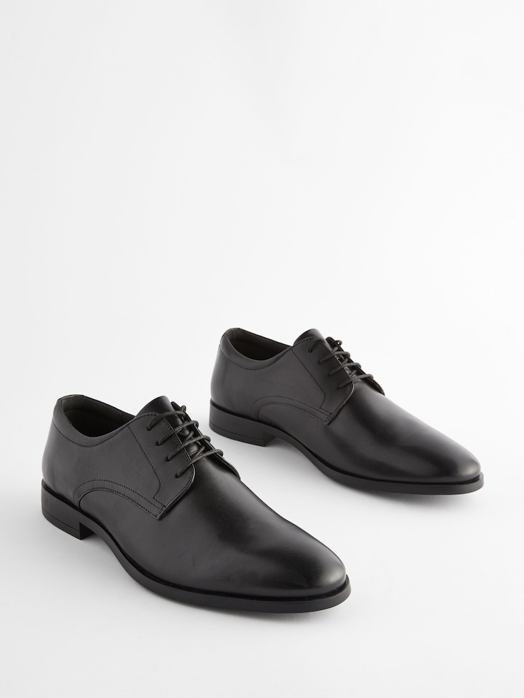 Black Wide Fit Leather Plain Derby Shoes - Image 2 of 7