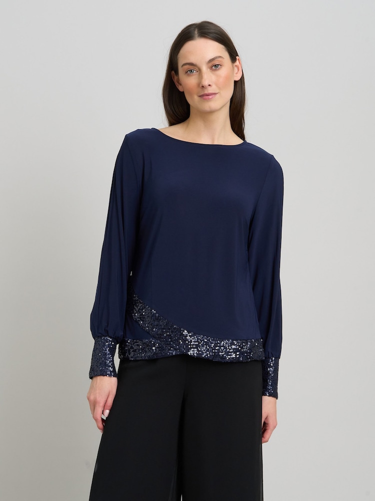 Gina Bacconi Blue Joanie Sequin Trim Top - Image 1 of 8 Gina Bacconi Blue Joanie Sequin Trim Top - Image 1 of 8