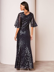 Lipsy Navy Blue Reversible Cowl Neck Sequin Maxi Dress - Image 2 of 4