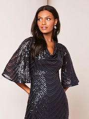 Lipsy Navy Blue Reversible Cowl Neck Sequin Maxi Dress - Image 3 of 4