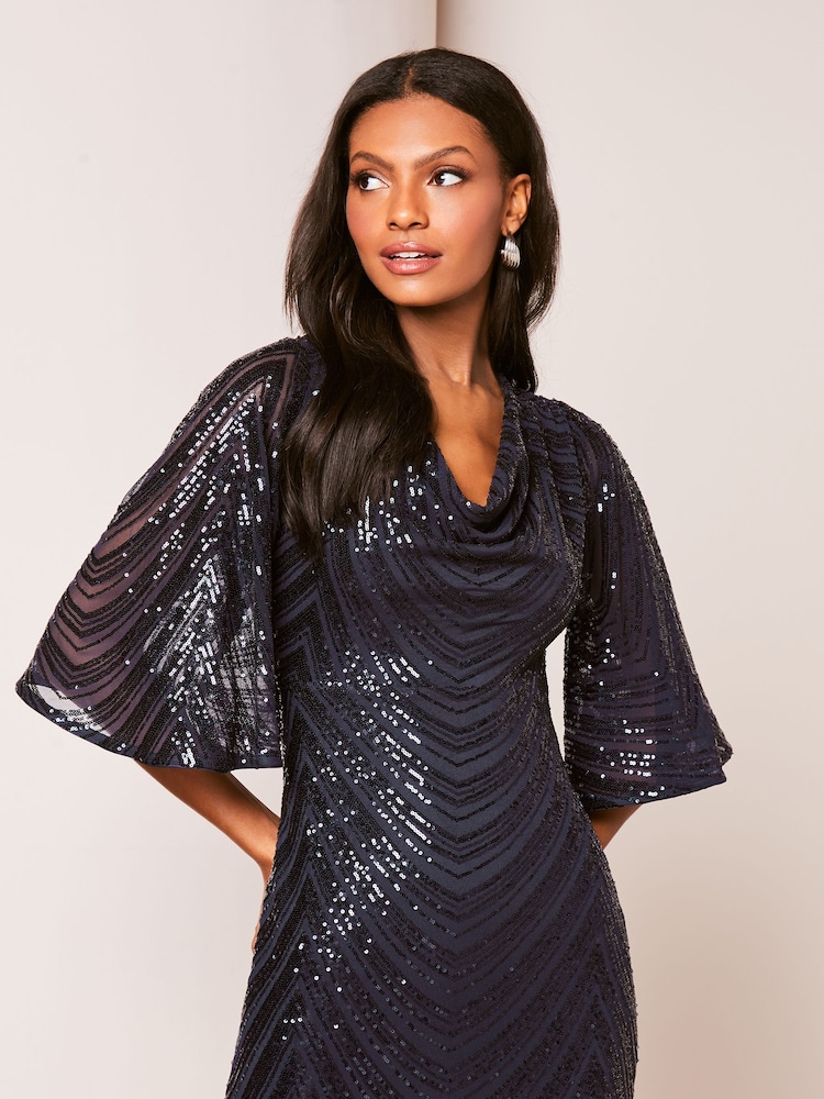 Lipsy Navy Blue Reversible Cowl Neck Sequin Maxi Dress - Image 3 of 4