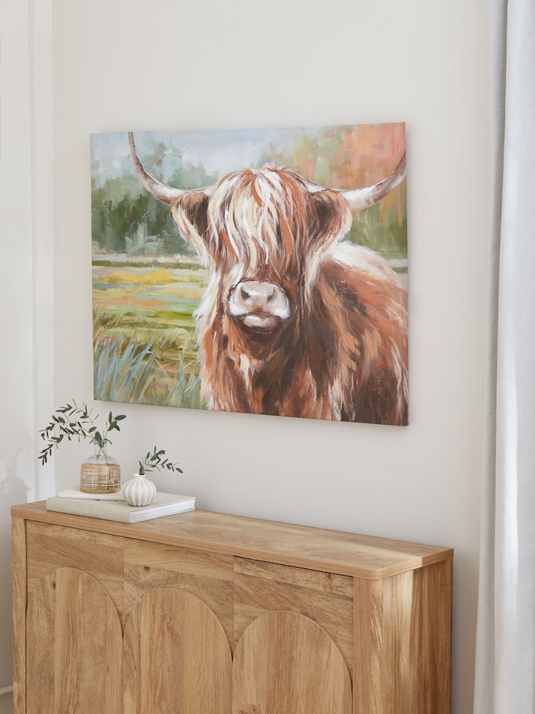 Green Highland Cow in Landcsape Canvas Wall Art - Image 1 of 5