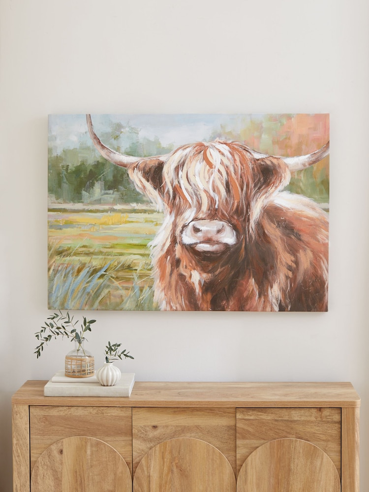 Green Highland Cow in Landcsape Canvas Wall Art - Image 2 of 5