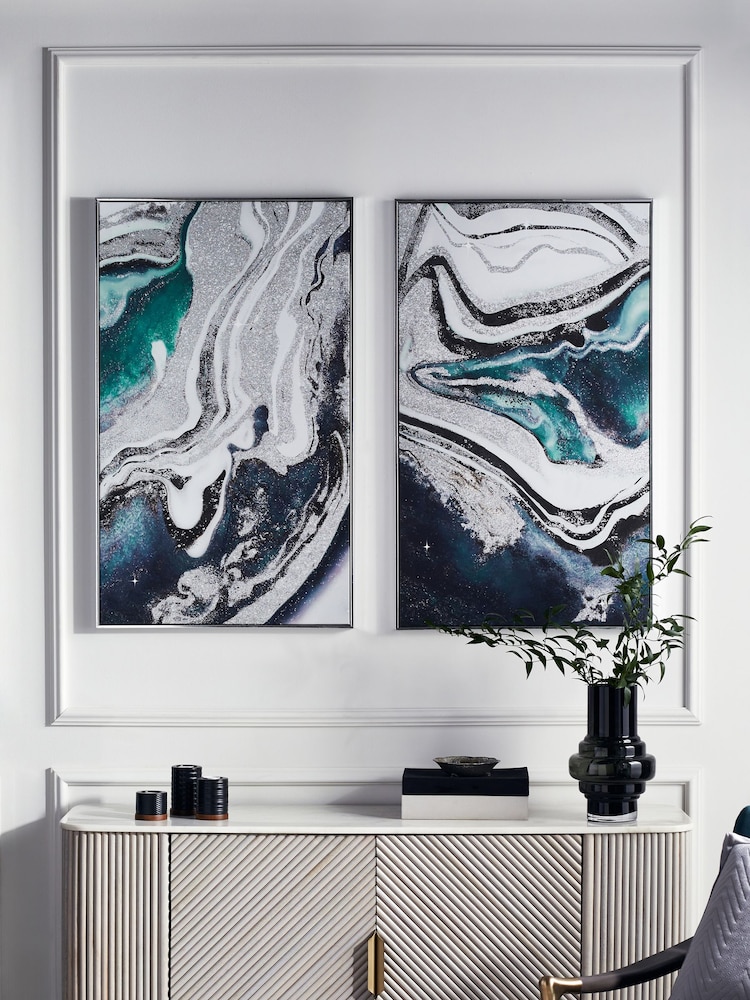Set of 2 Blue and Silver Abstract Framed Canvas Wall Art - Image 1 of 5