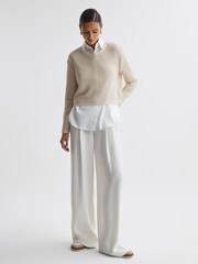 Reiss Ivory Avril Linen Open Stitch Crew Neck Jumper - Image 3 of 4