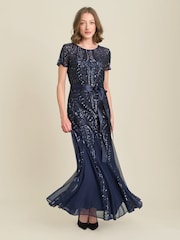 Gina Bacconi Blue Monique Embroidered Sequin Godet Maxi Dress - Image 2 of 6