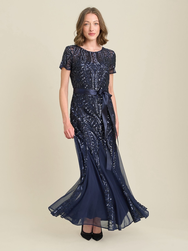 Gina Bacconi Blue Monique Embroidered Sequin Godet Maxi Dress - Image 2 of 6 Gina Bacconi Blue Monique Embroidered Sequin Godet Maxi Dress - Image 2 of 6