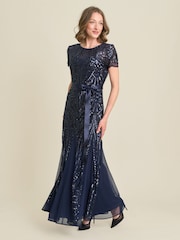 Gina Bacconi Blue Monique Embroidered Sequin Godet Maxi Dress - Image 4 of 6
