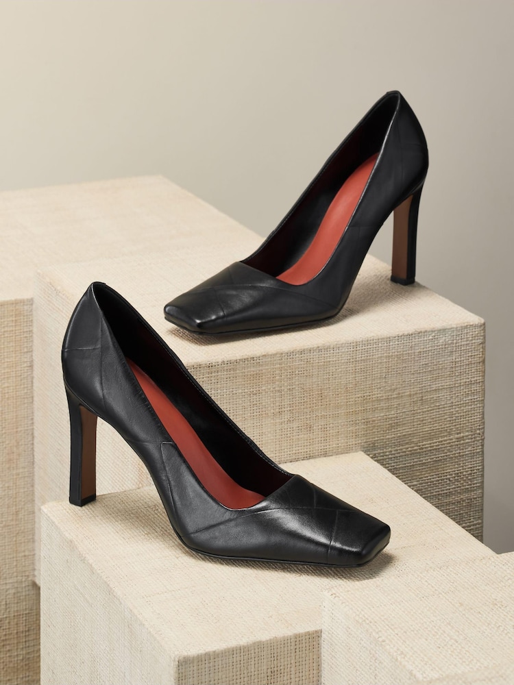 Black Premium Leather Square Toe Weave Heels - Image 1 of 4