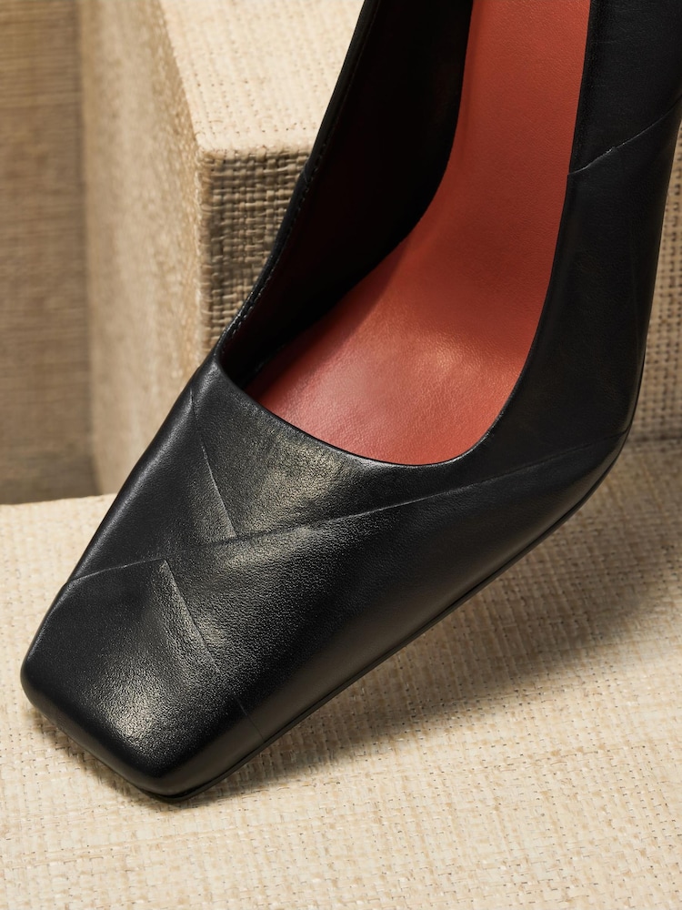 Black Premium Leather Square Toe Weave Heels - Image 2 of 4