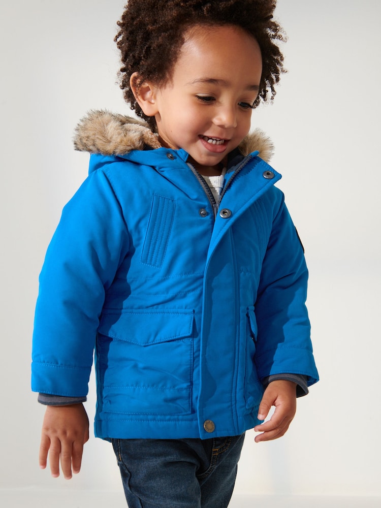 Cobalt Blue Shower Resistant Faux Fur Parka Coat (3mths-7yrs) - Image 2 of 8