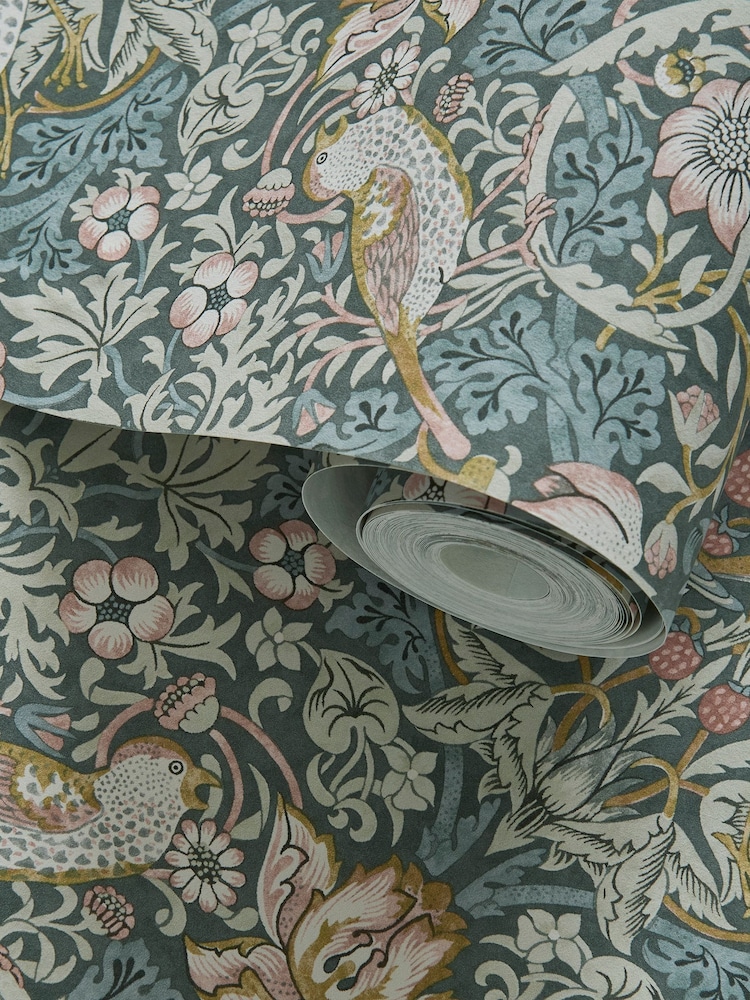 Clarke & Clarke William Morris Designs Slate Blush Strawberry Thief 10.05M Wallpaper - Image 1 of 2