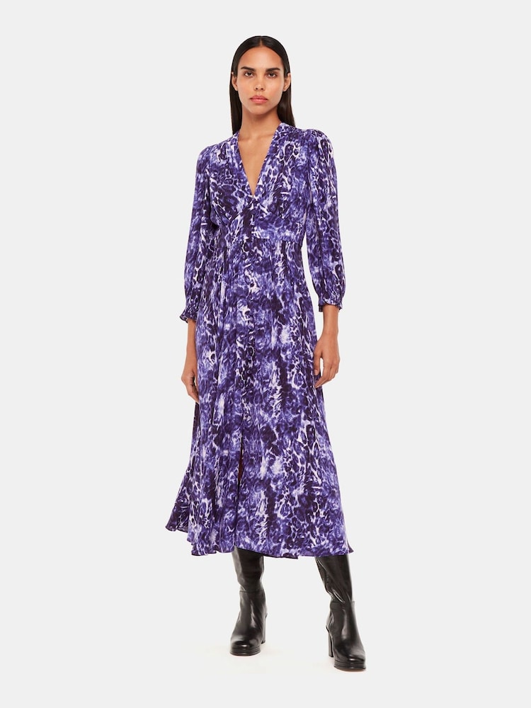 Whistles Purple Glossy Leopard Midi Dress - Image 1 of 5 Whistles Purple Glossy Leopard Midi Dress - Image 1 of 5