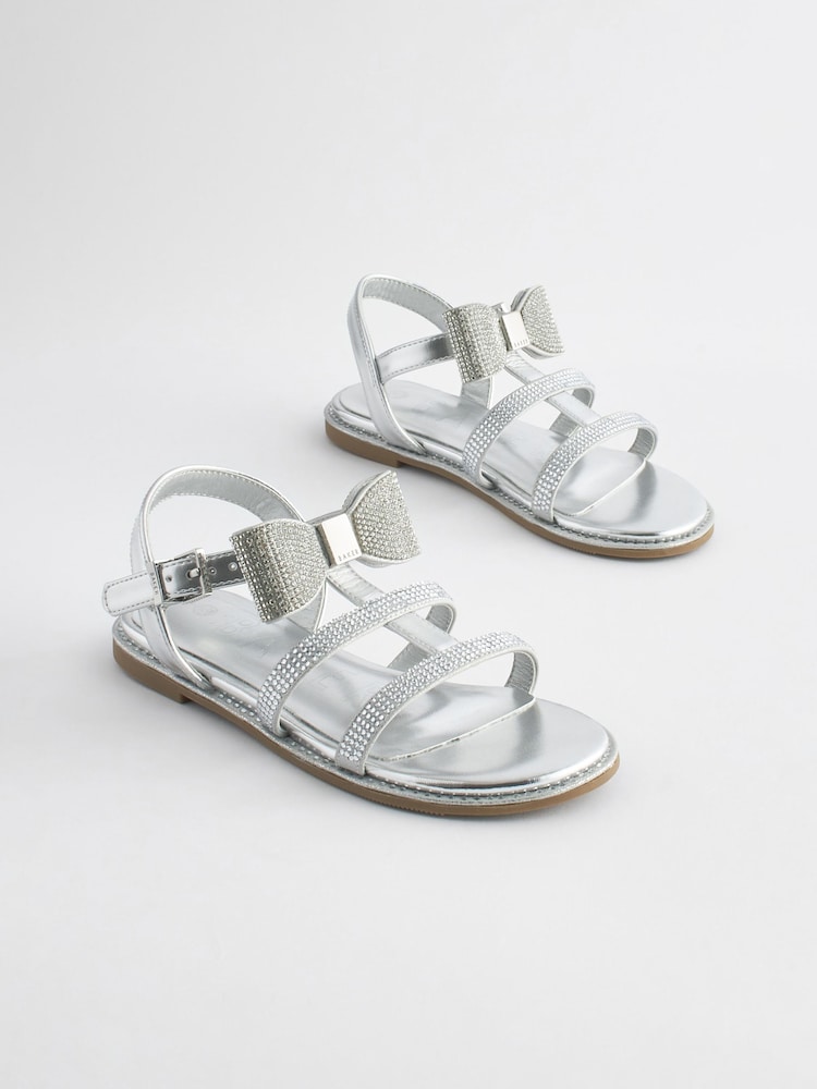 Baker by Ted Baker Girls Silver Diamanté Sandals with Bow - Image 1 of 5