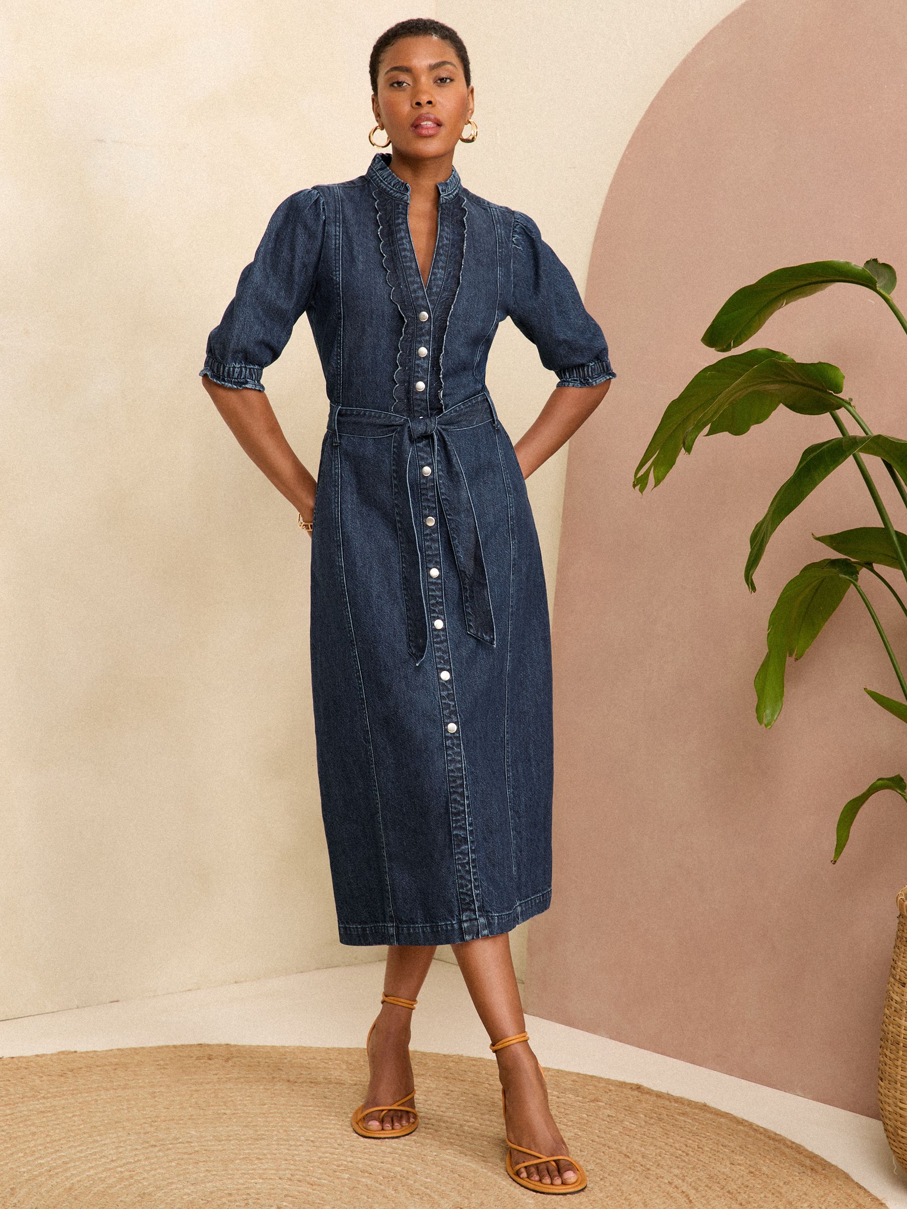 Buy Love Roses Dark Wash Blue Petite Scallop Button Through Summer Denim Midi Dress from Next Australia
