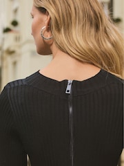 Black - 2-In-1 High Neck Faux Leather PU Mix Belted Jumper Dress - Image 4 of 6