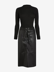 Black - 2-In-1 High Neck Faux Leather PU Mix Belted Jumper Dress - Image 6 of 6