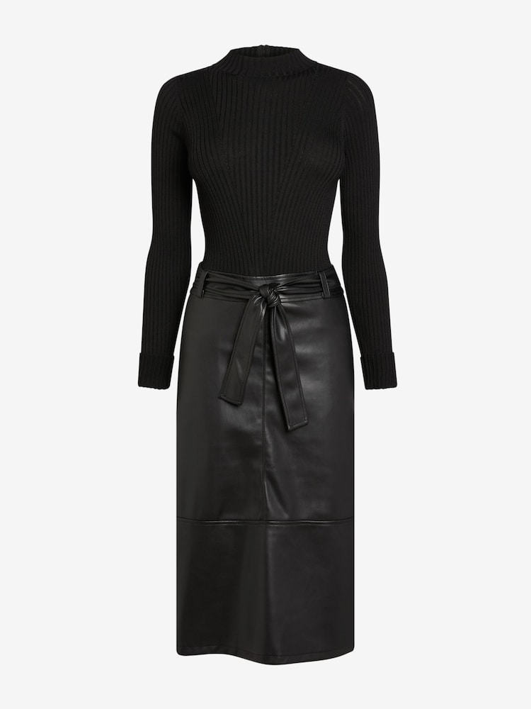 Black - 2-In-1 High Neck Faux Leather PU Mix Belted Jumper Dress - Image 6 of 6