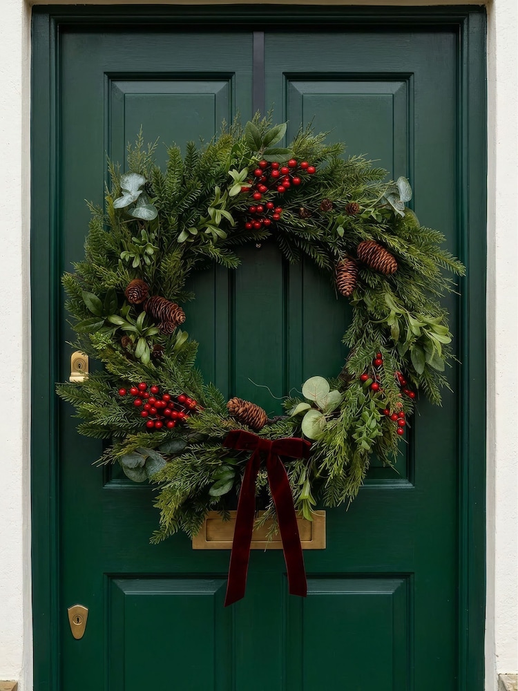 Scottish Everlastings Ltd Red Christmas Oversized Wreath with Velvet Bow - Image 1 of 3 Scottish Everlastings Ltd Red Christmas Oversized Wreath with Velvet Bow - Image 1 of 3