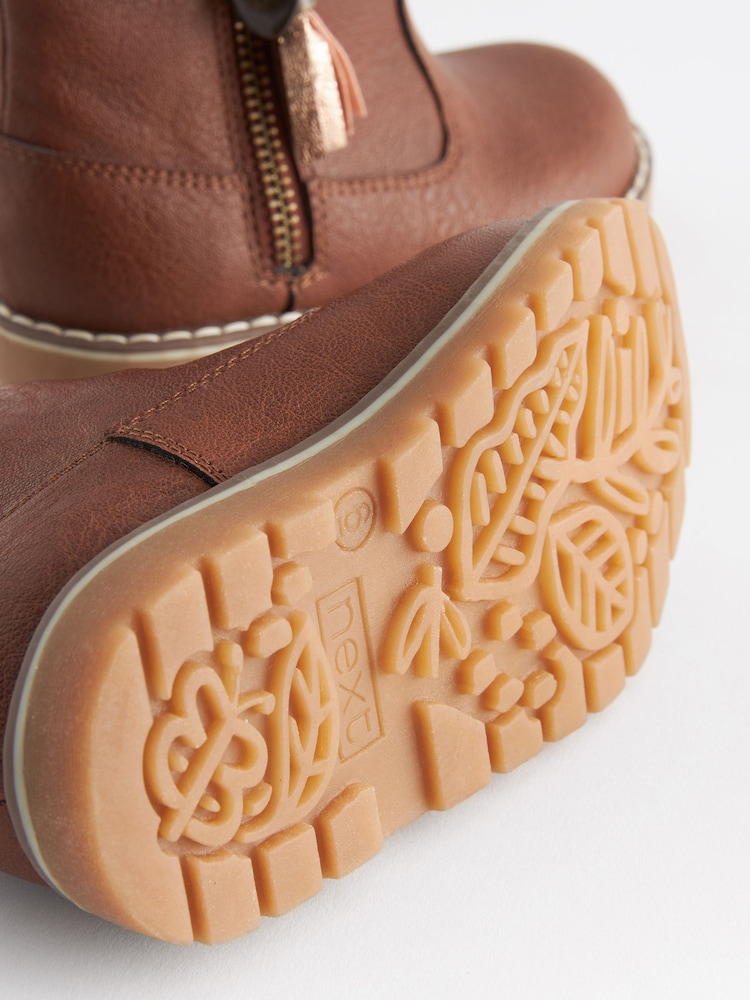 Tan Brown Standard Fit (F) Warm Lined Tassel Detail Zip Boots - Image 7 of 7