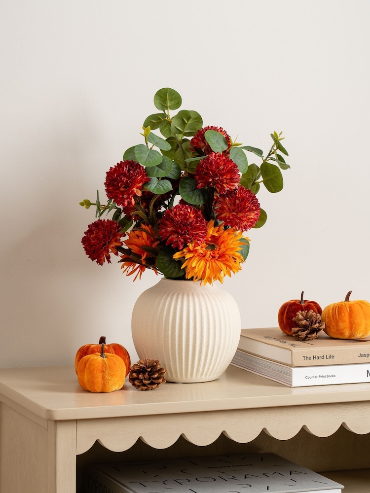 Scottish Everlastings Ltd Orange Chrysanthemum  Eucalyptus Artificial Flower Arrangement - Image 1 of 3