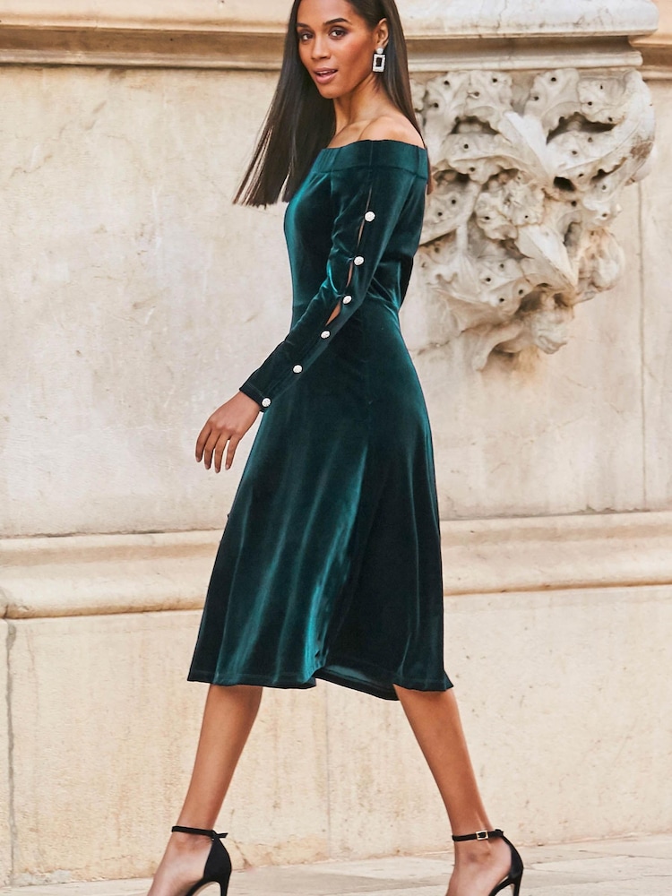Sosandar Green Velvet Embellished Sleeve Bardot Dress - Image 1 of 5 Sosandar Green Velvet Embellished Sleeve Bardot Dress - Image 1 of 5