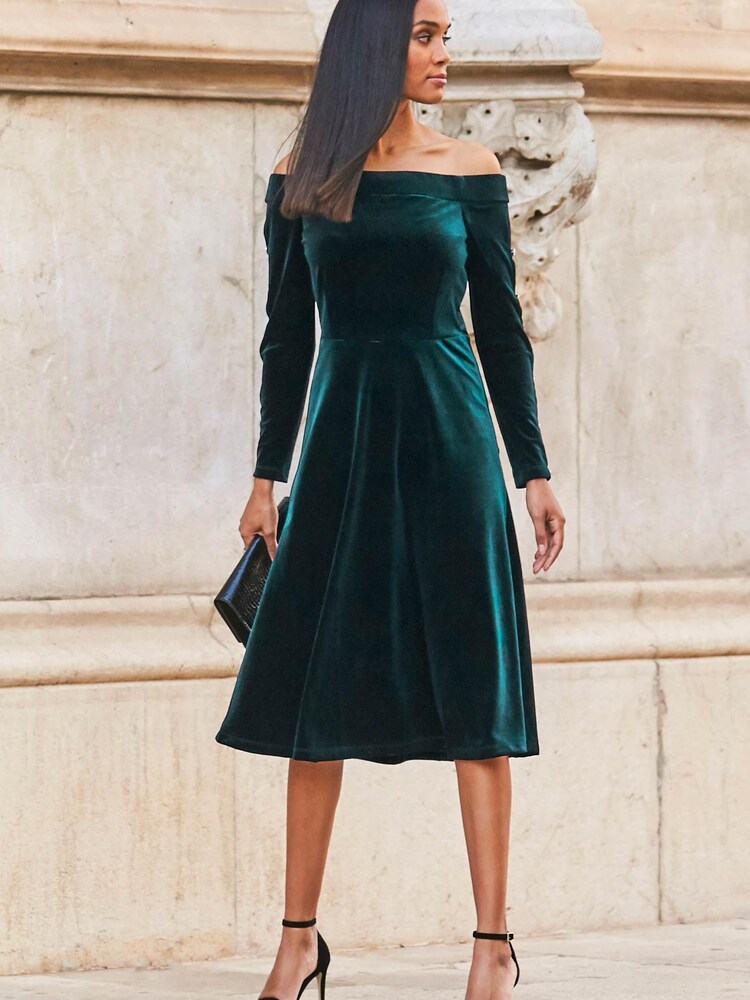 Sosandar Green Velvet Embellished Sleeve Bardot Dress - Image 2 of 5 Sosandar Green Velvet Embellished Sleeve Bardot Dress - Image 2 of 5
