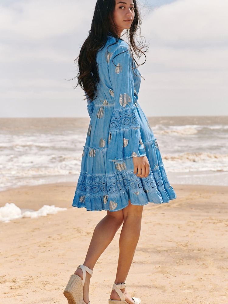 Jolie Moi Blue 3/4 Sleeve Crochet Trim Holiday Midi Dress - Image 2 of 5