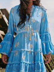 Jolie Moi Blue 3/4 Sleeve Crochet Trim Holiday Midi Dress - Image 5 of 5
