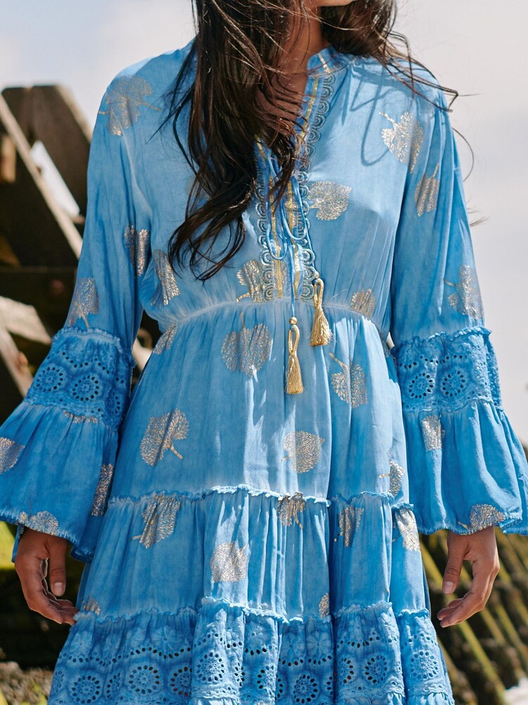 Jolie Moi Blue 3/4 Sleeve Crochet Trim Holiday Midi Dress - Image 5 of 5