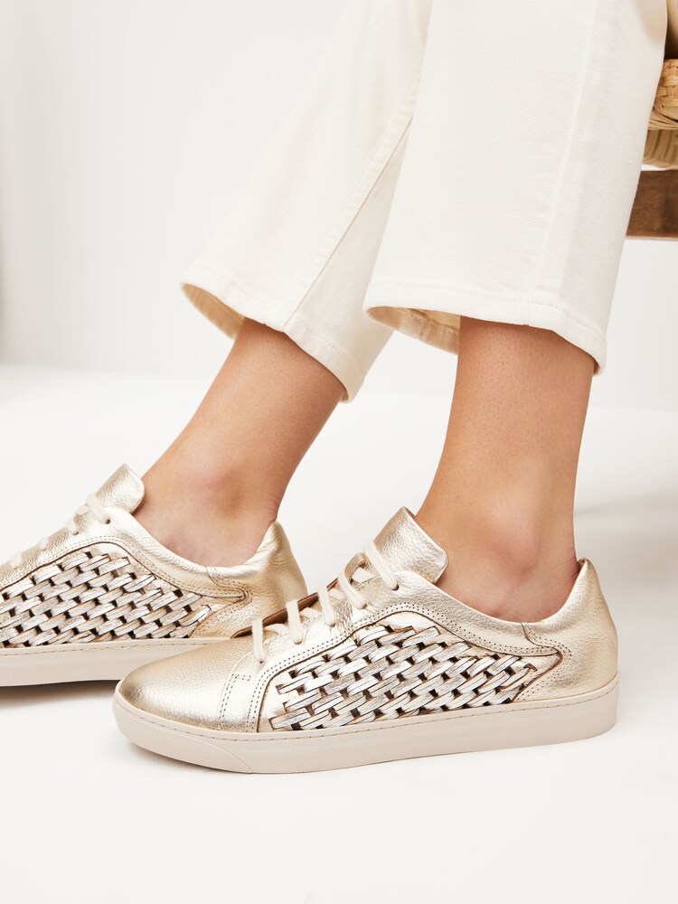 Gold - Signature Lederturnschuhe mit Schnürung und Webdesign - Bild 2 von 8
