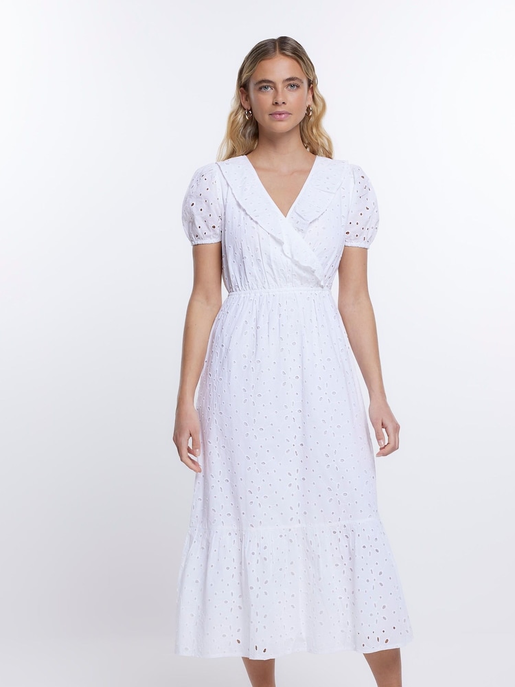 River Island White Broderie Wrap Midi Dress - Image 1 of 4 River Island White Broderie Wrap Midi Dress - Image 1 of 4