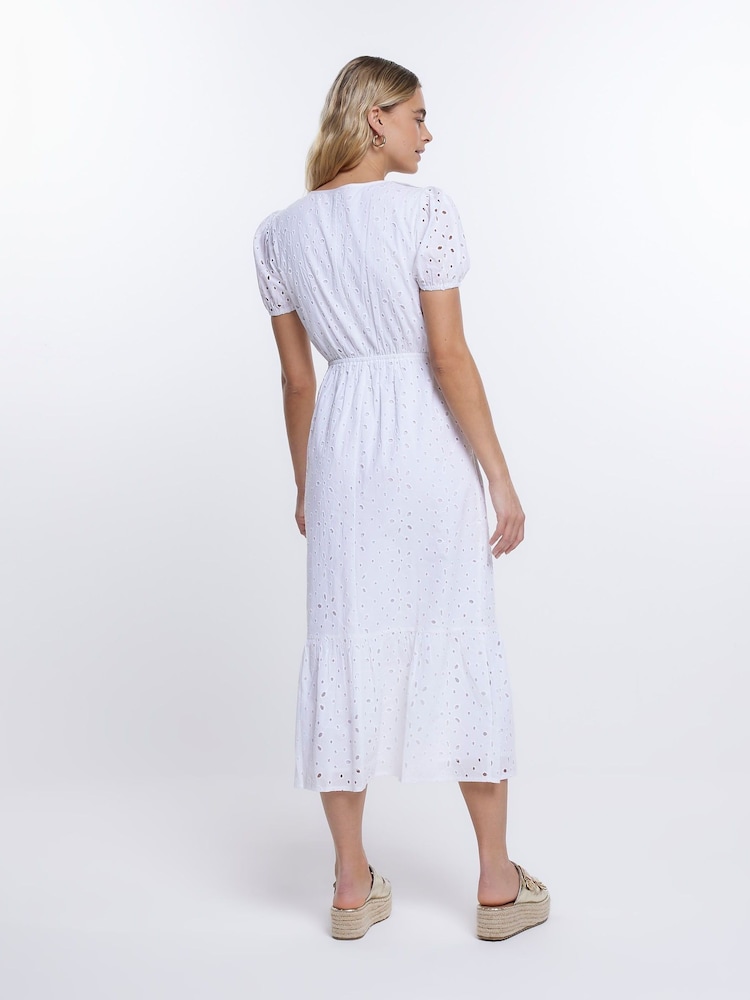 River Island White Broderie Wrap Midi Dress - Image 2 of 4 River Island White Broderie Wrap Midi Dress - Image 2 of 4